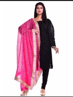 Elegant Pink Silk Dupatta with Gold Border